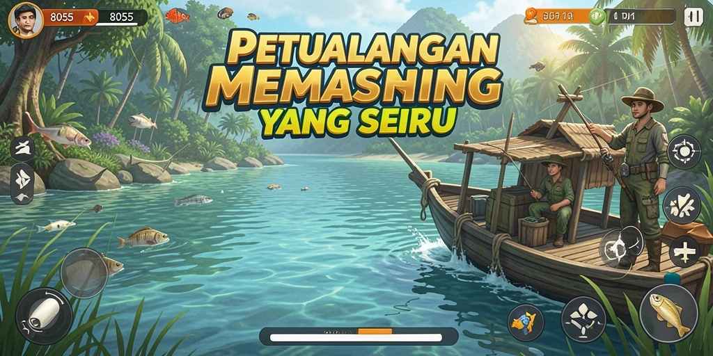 Screenshot gameplay 8055 menampilkan aksi memancing yang seru.
