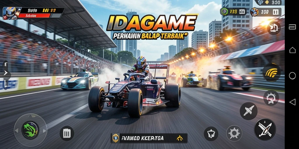 Screenshot IDAGAME menampilkan aksi balap mendebarkan dengan kendaraan berwarna cerah.