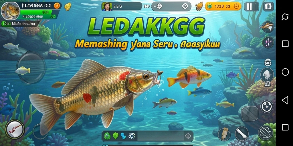 Tampilan gameplay LEDAKGG dengan suasana memancing yang menawan.