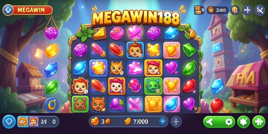 Tampilan gameplay menyenangkan dari MEGAWIN188 dengan level Match-3 yang menantang.