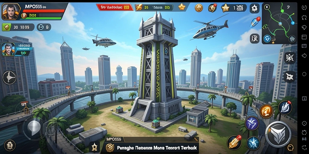 Tampilan gameplay epik dari MPO555 dengan strategi pertahanan menara.