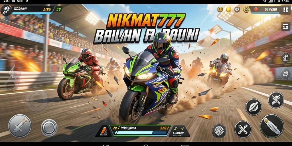 Screenshot gameplay NIKMAT777 dengan aksi balapan motor yang seru.