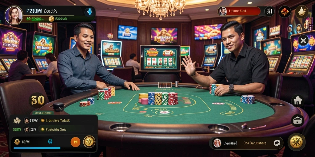 Tangkapan layar gameplay P200M menampilkan dealer langsung dan meja permainan yang menarik.