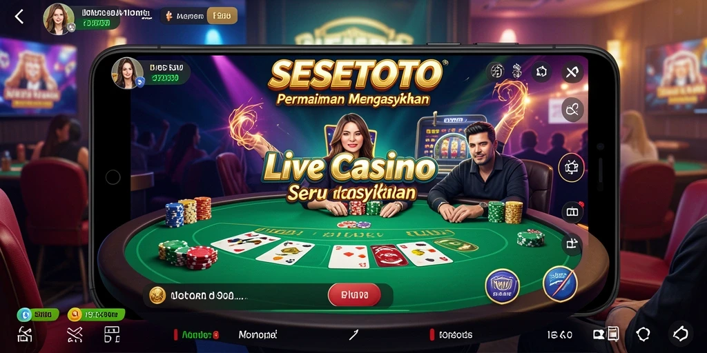 Screenshot SESETOTO menampilkan dealer langsung dan suasana permainan Live Casino yang dinamis.